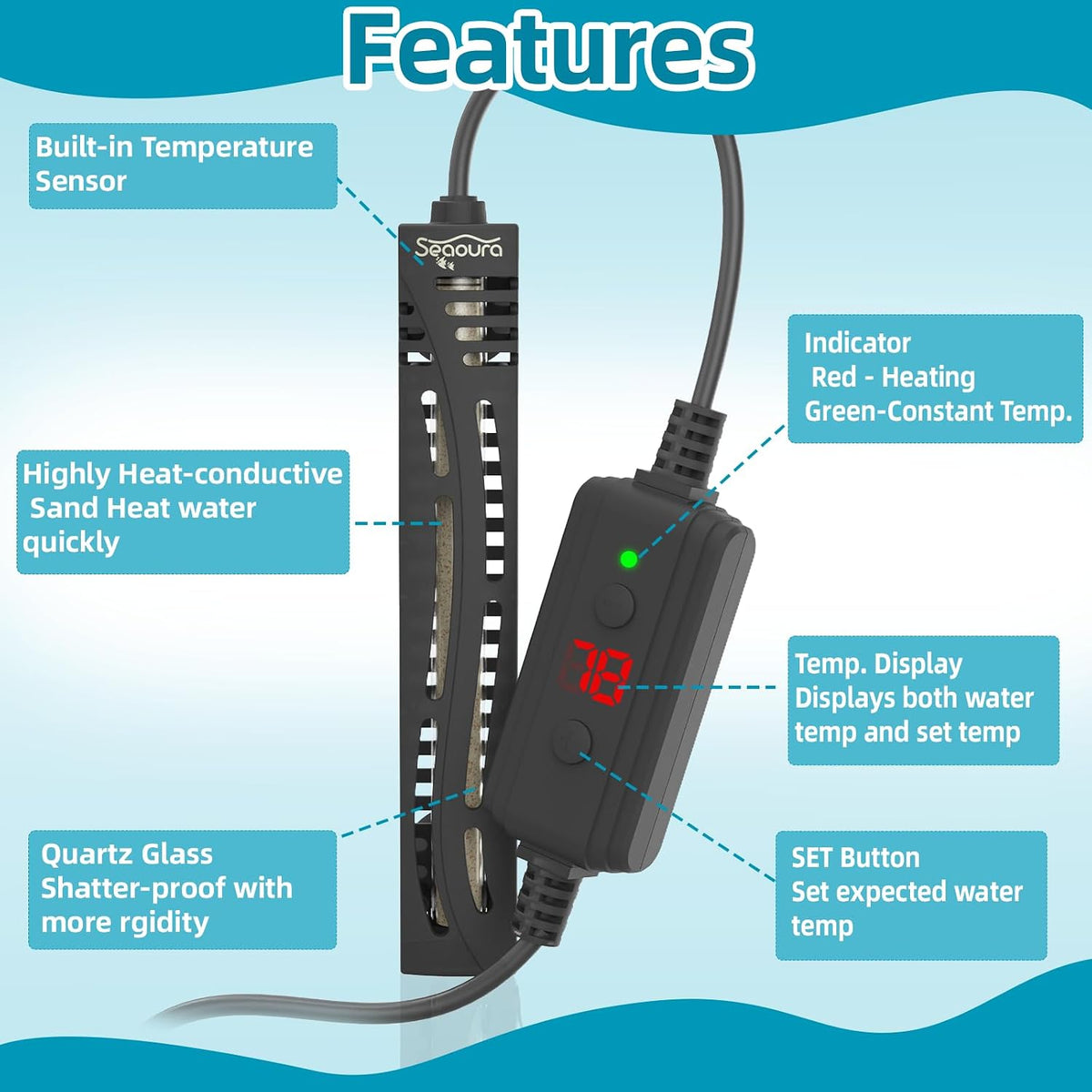 SEAOURA Small Aquarium Heater, 50W Fish Turtle Betta Tank Heater - ≤ 15 Gal Tank - image 2