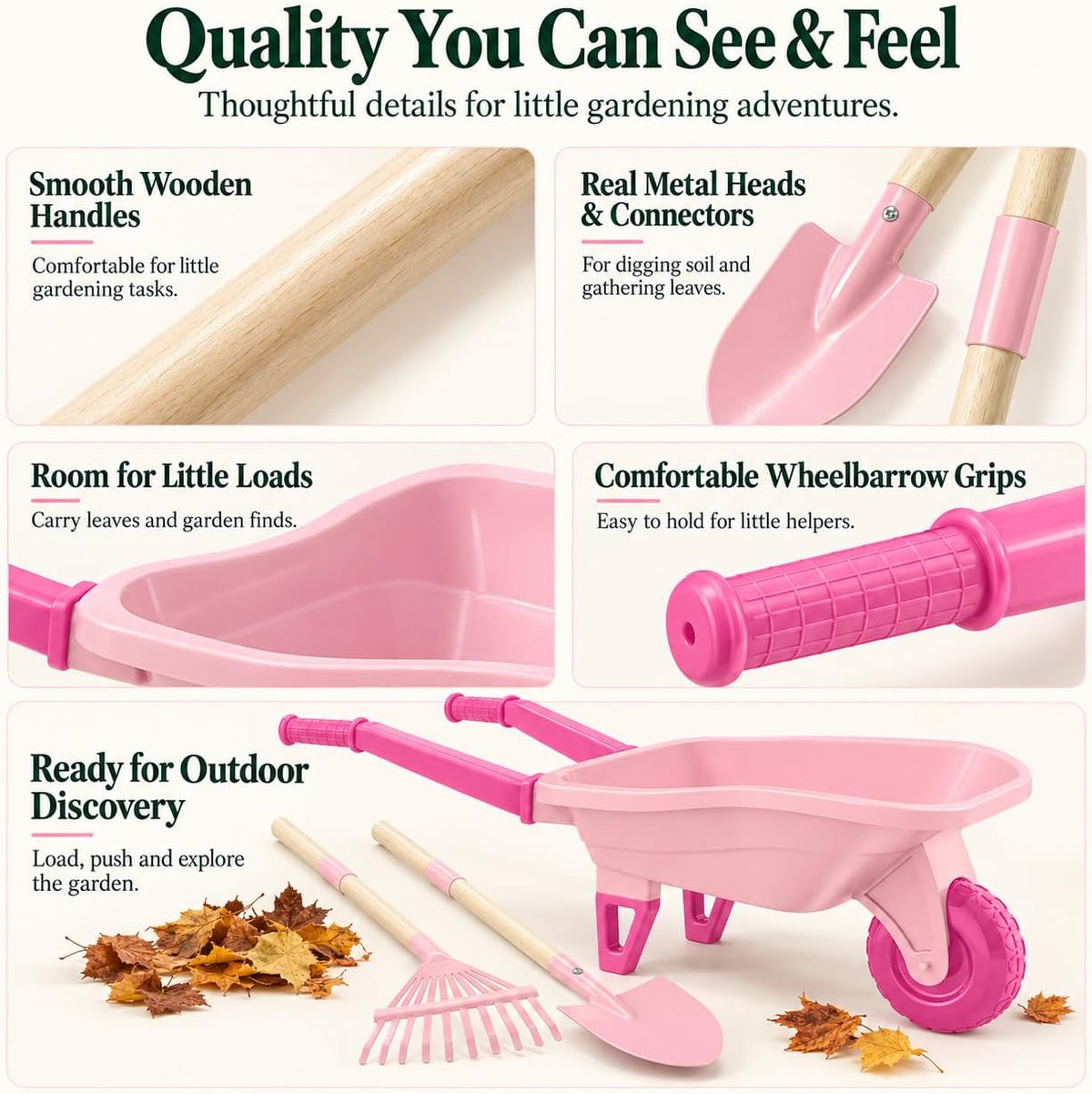 Qtioucp Kids Gardening Set with Wheelbarrow - Pink - image 4