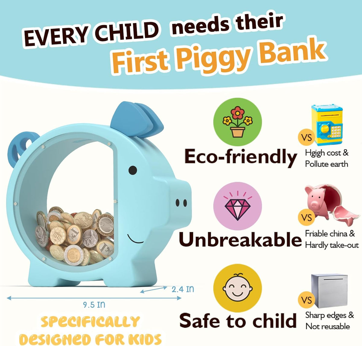 Summidate Pink Piggy Bank for Kids Girls - Blue Piggy Bank / Standard - image 3
