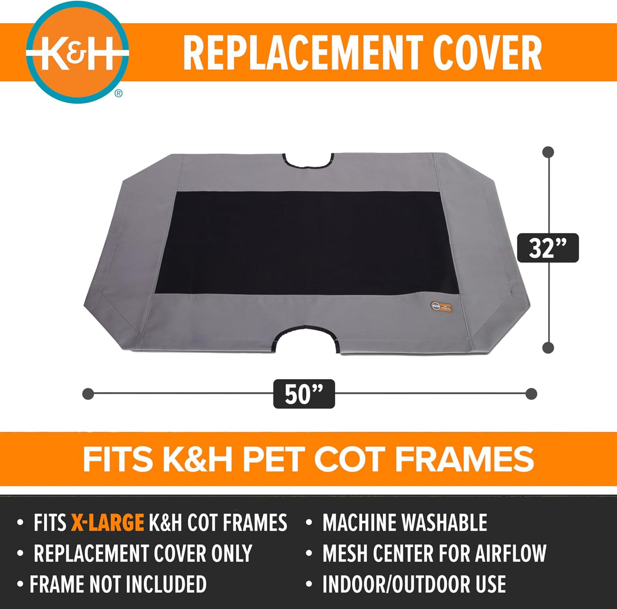 K&H Outdoor Elevated Dog Bed Pet Cot Replacement Cover - Gray/Black Mesh / X-Large 50 X 32 Inches - image 2