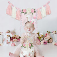First Birthday Decorations for Boy Blue One Year Old High Chair - Pink White - image 4