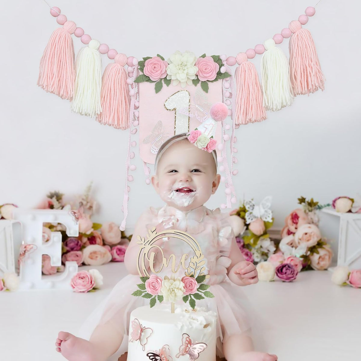 First Birthday Decorations for Boy Blue One Year Old High Chair - Pink White - image 4