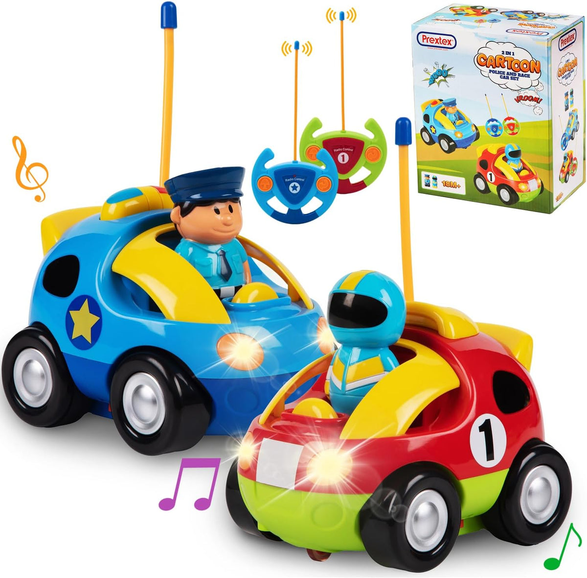 PREXTEX 2 Pack Cartoon Remote Control Cars for Toddlers - Race Car/Police Car
