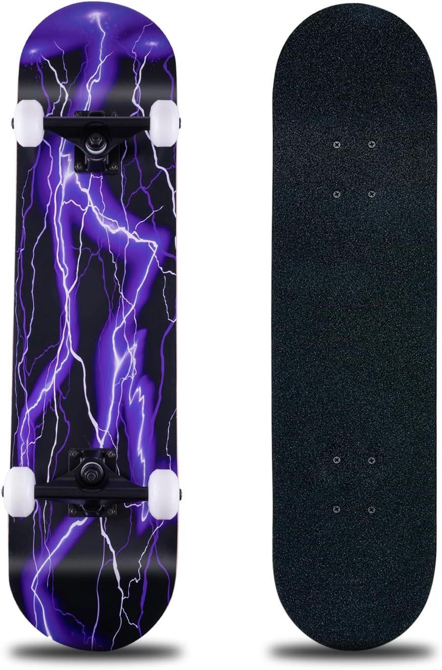 Skateboard,31 x 8 Inch Complete Skateboard, 8-Layer Maple Wood Deck Double Kick Standard - Purple