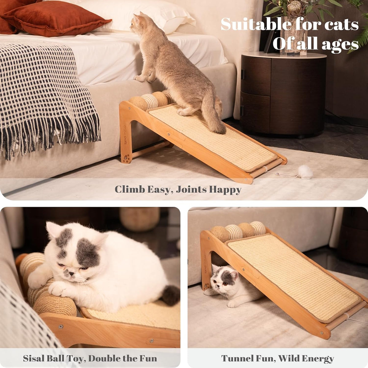 Sisal Cat Scratcher Ramp for Indoor L-Shape Solid Wooden – Essentials for Cats - Large-Fixed - image 4