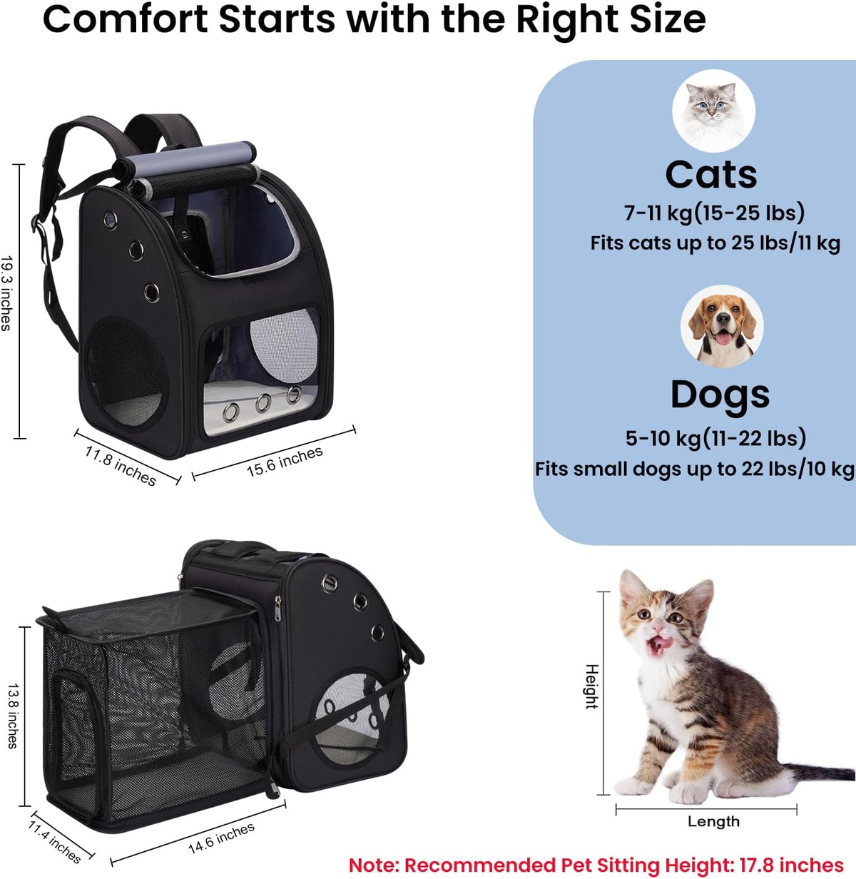 Expandable Cat Backpack Carrier for Small Cats/Dogs Airline Approved – Essentials for Dogs - Black-XL - image 2