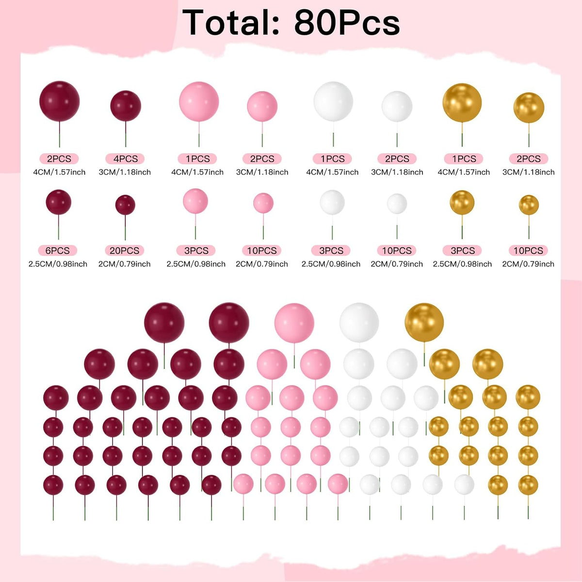 NACHLYNN 80 Pcs Cake Balls Decorations Mini Balloon Cake Topper Balls - Rose Pink White Series - image 2