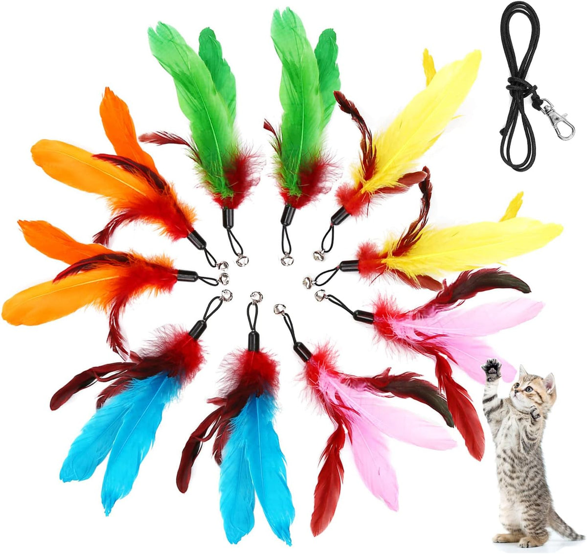10PCS Cat Worm Toy for Cats, Cat Wand Toy Accessories - Feather Refills