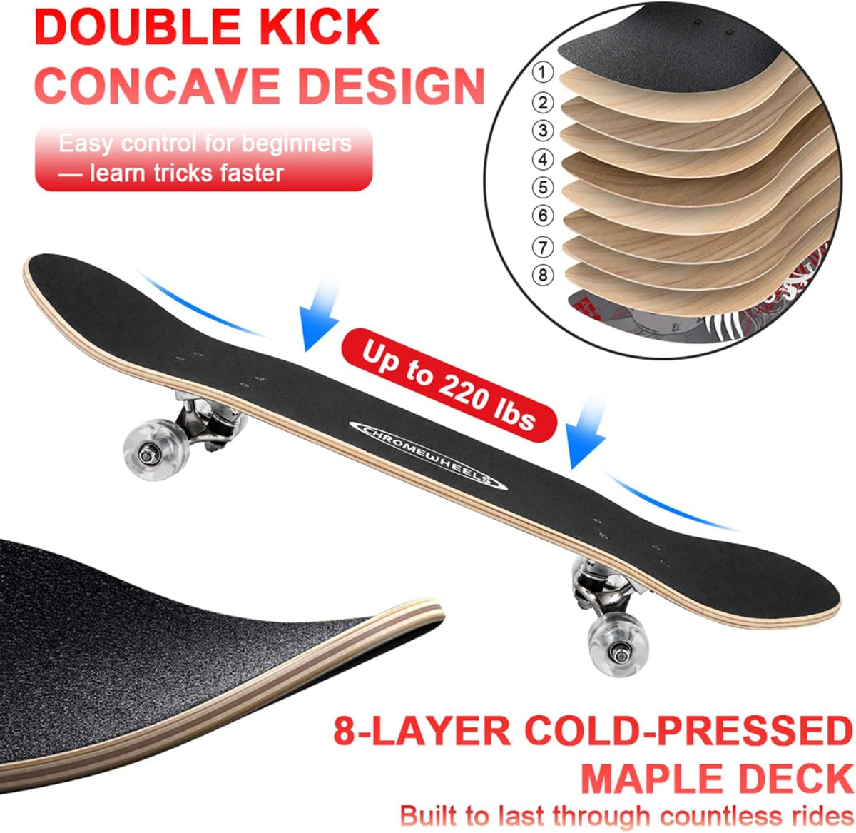 ChromeWheels 31 inch Skateboard Double Kick Skate Board Cruiser - Gray - image 4