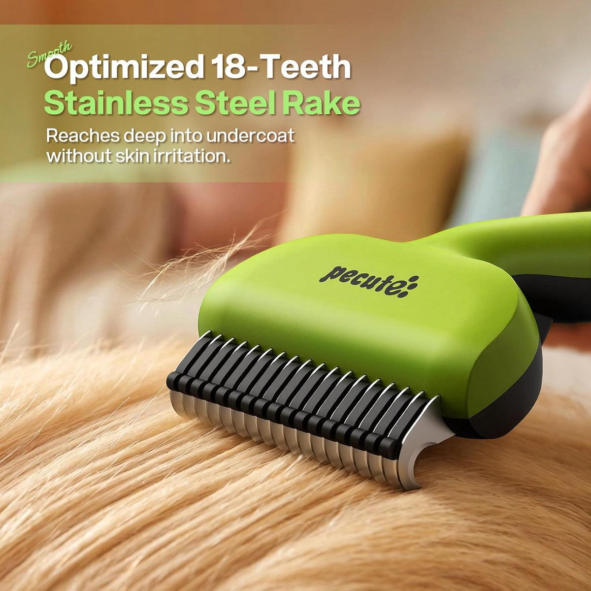 Pecute Self-Cleaning Undercoat Rake for Dogs Cats with Long/Double - Green - image 4