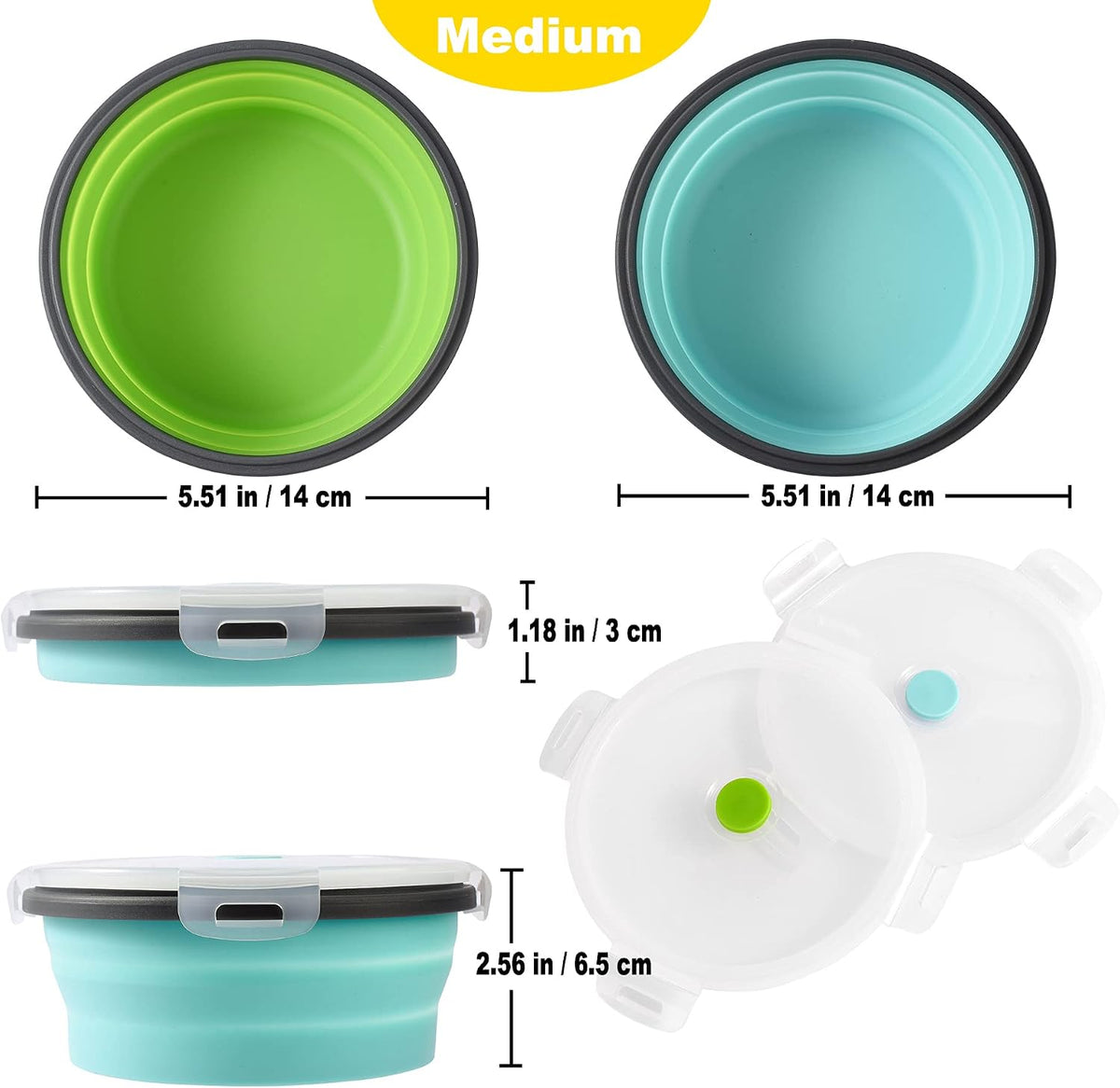 Joyinjojo Collapsible Dog Bowls with Lids - Medium / Blue / Green - image 2