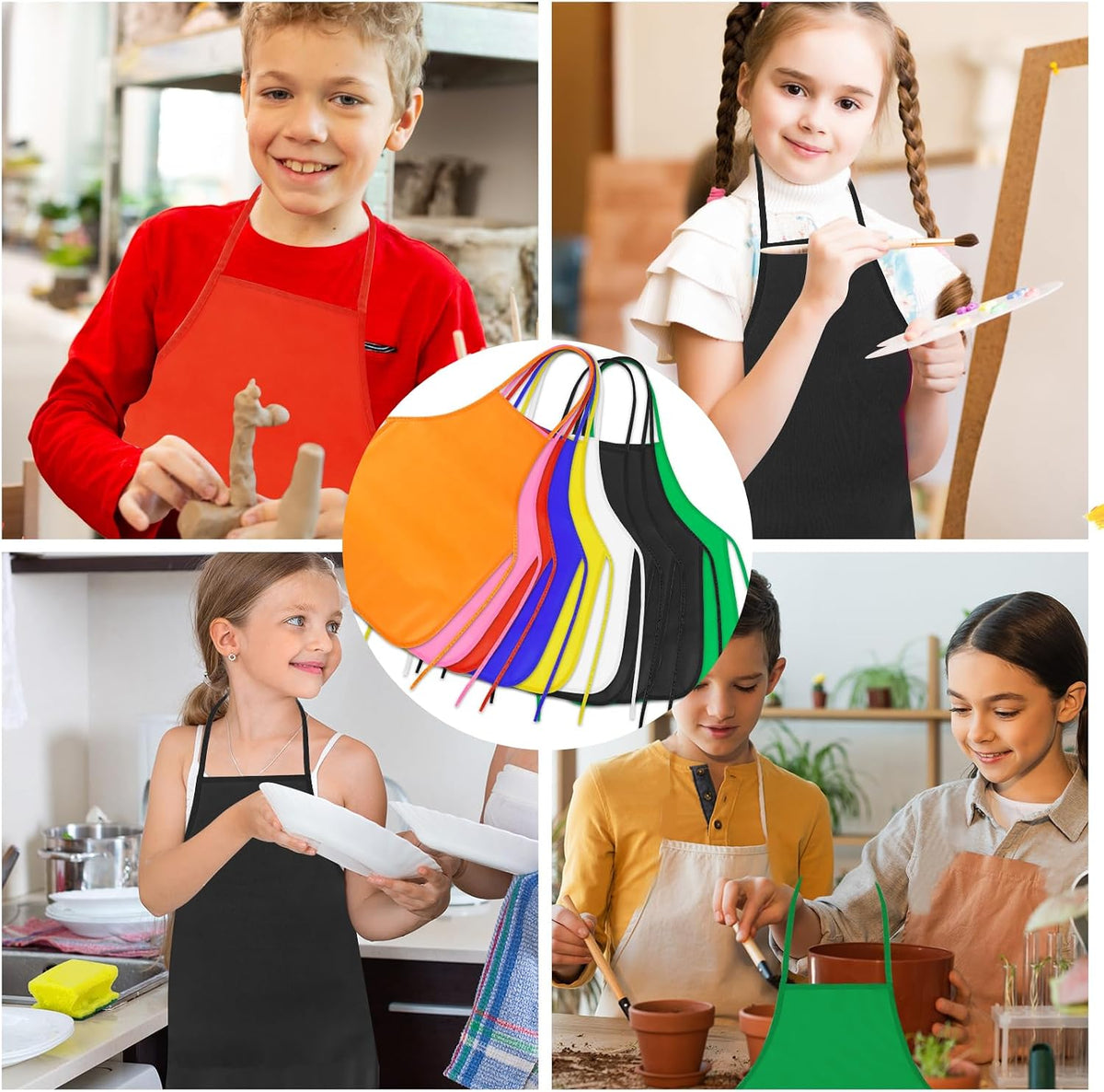 PLULON 8 Pcs Colorful Apron Kids Aprons for Painting Cooking Art Smock – Fun for Kids & Family - Black / 15 - image 3