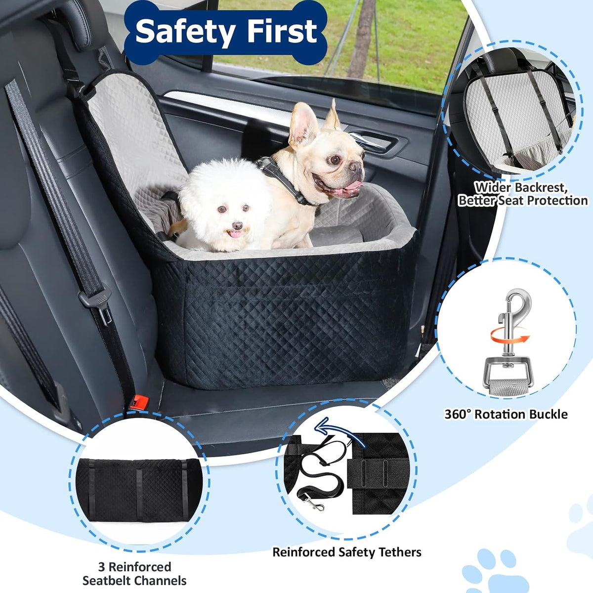 BLVRYVIO Large Dog Car Seat for Medium Sized Dogs Under 55lbs or 2 - Black/Gray / Large - image 4