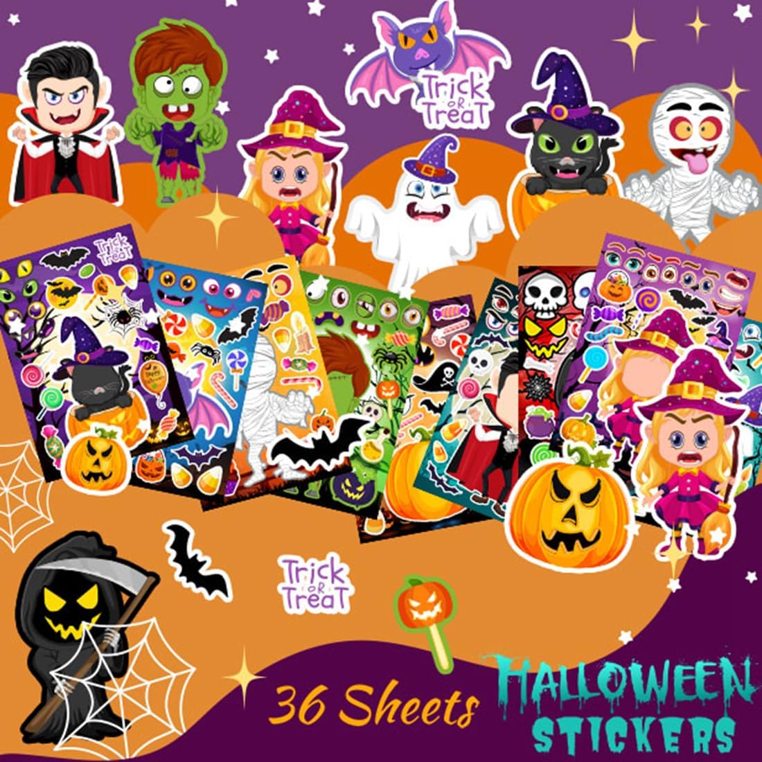 60 Packs Halloween Stickers Pumpkin Decorating Kit - 36 Sheets Halloween Stickers - image 2