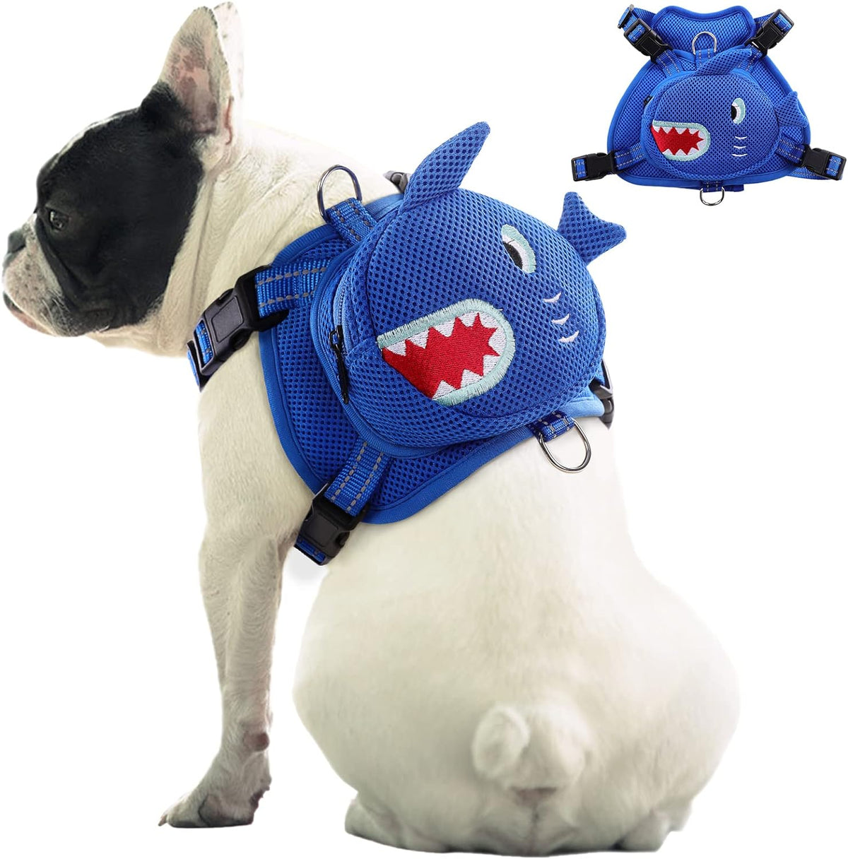 Dog Backpack Harness, No-Pull Dog Backpack with D-Ring, Frog, M - Blue Shark / 5.3"L x 4.3"W x 2.2"H