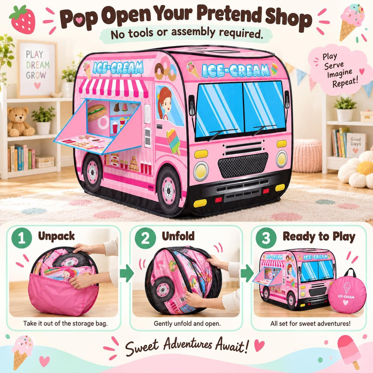 Cecailin fire truck pop up play tent for kids with roll-up door in red - view 13