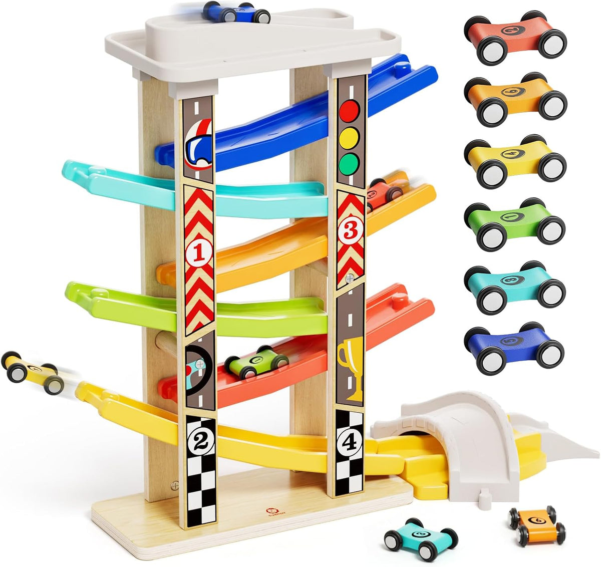 TOP BRIGHT wooden toddler car ramp race track with rooftop parking lot and 4 colorful cars - view 5