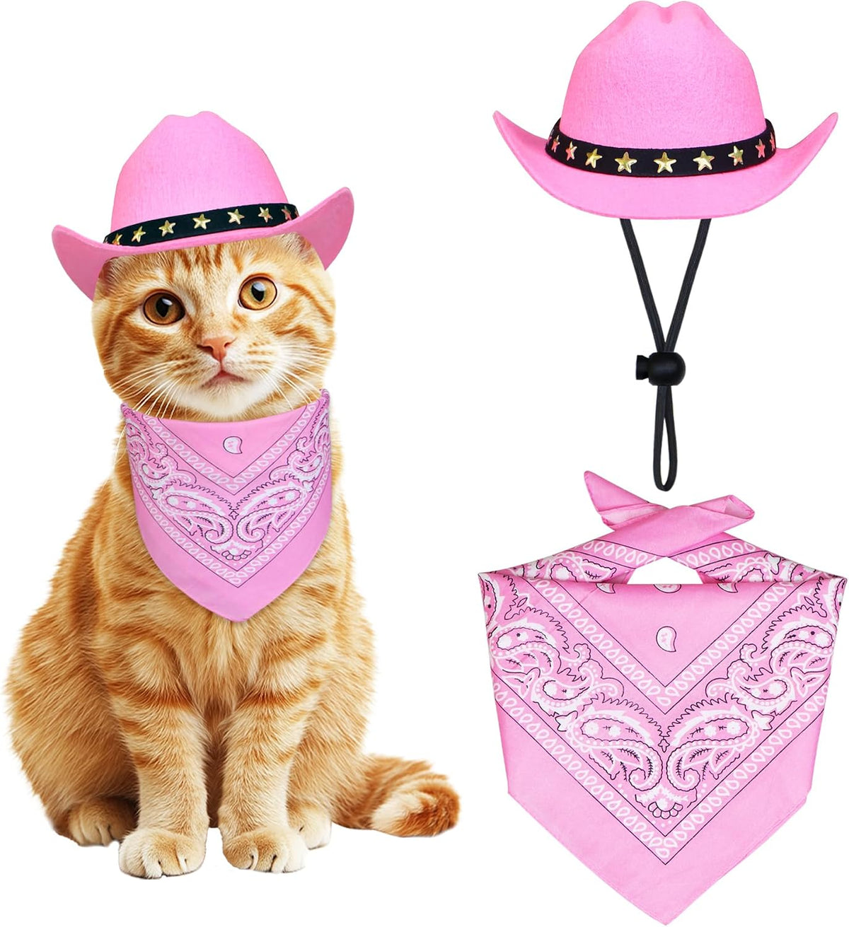 Dog Cowboy Costume, Dog Halloween Costumes Halloween Pet Dogs Cowboy Hat with Bandana Scarf - Pink / Small