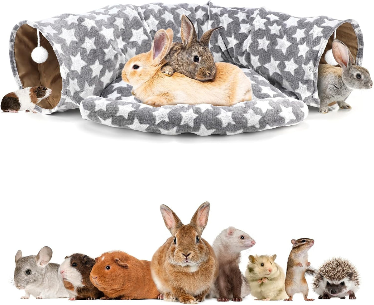 Bunny Tunnel Bed, 2-in-1 Collapsible Rabbit Tunnel Hideout with Mat – Essentials for Small Pets - Greystar