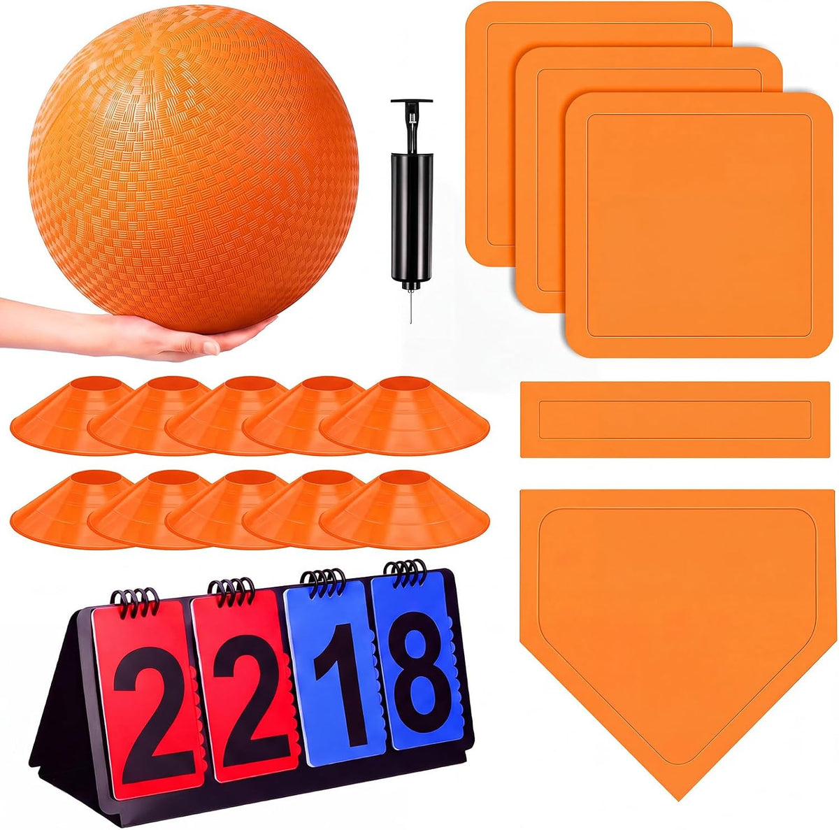 Jenaai blue kickball set with 10 inch ball, rubber bases, cones, scoreboard and pump - view 3