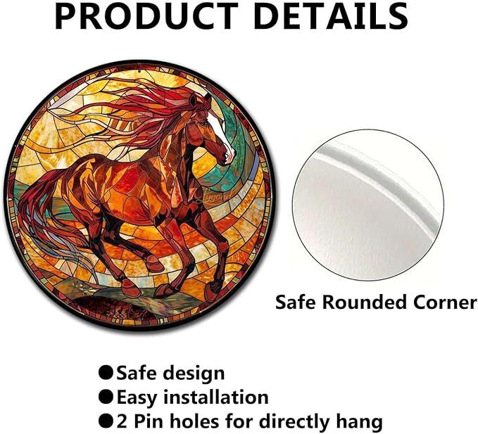 Lygond Metal Sign Tin Sign Circular Stained Glass American Mustang Bar Signs for Home Decor for Garden 12×12 Inches