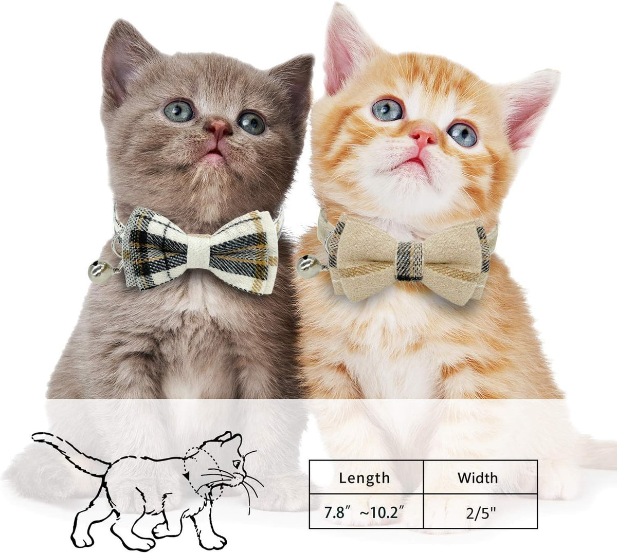2 Pack/Set Cat Collar Breakaway with Cute Bow Tie and Bell for Kitty - Brown+Beige / Plaid - image 2