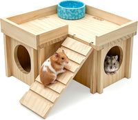 Wooden Hamster Hideout House Castle with Platform, Bowl & Ladder – Essentials for Small Pets - 3 Room + Bowl – 2.24" Entrance