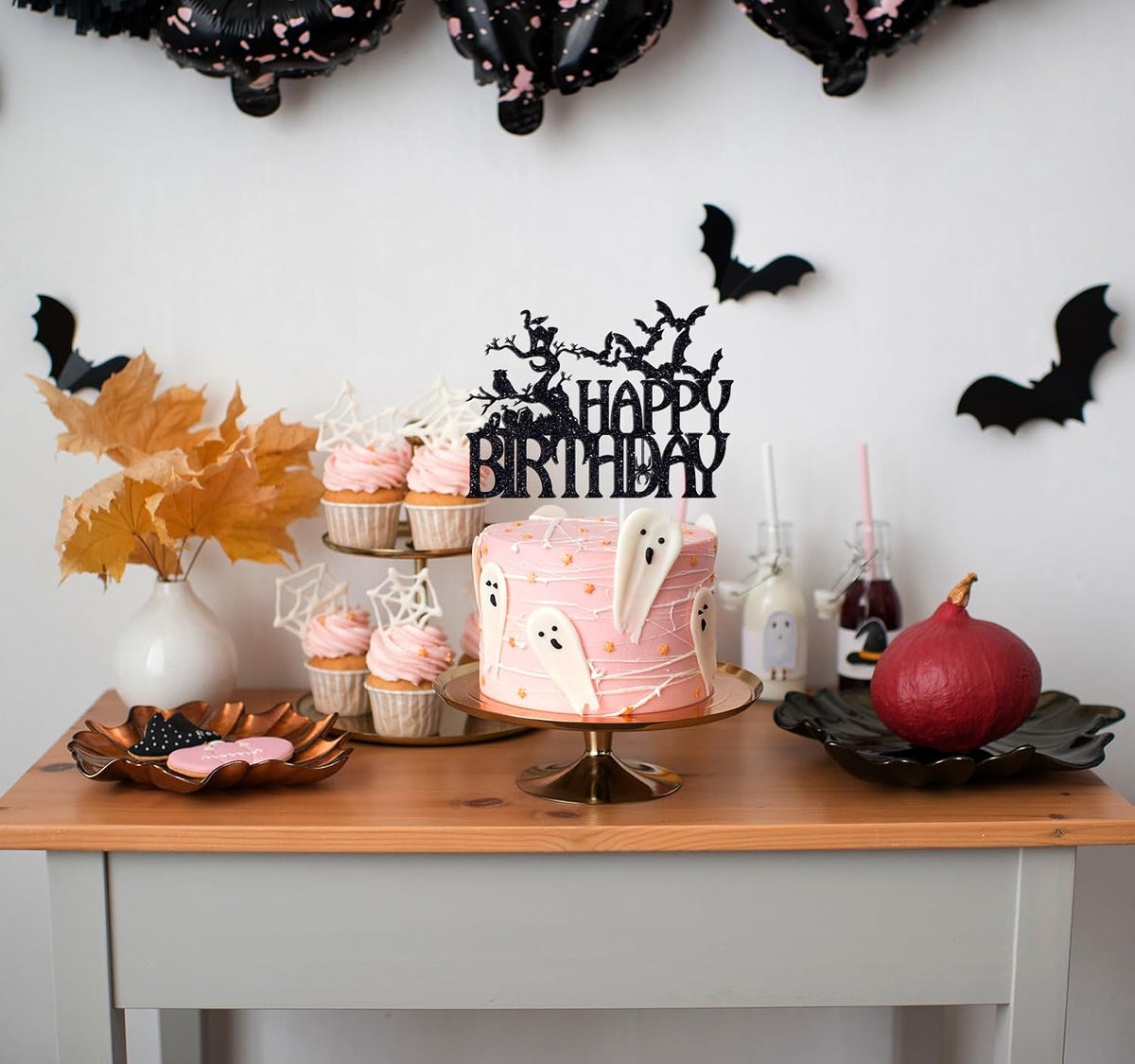 Ferastar black glitter Halloween Happy Birthday haunted house cake topper - view 2