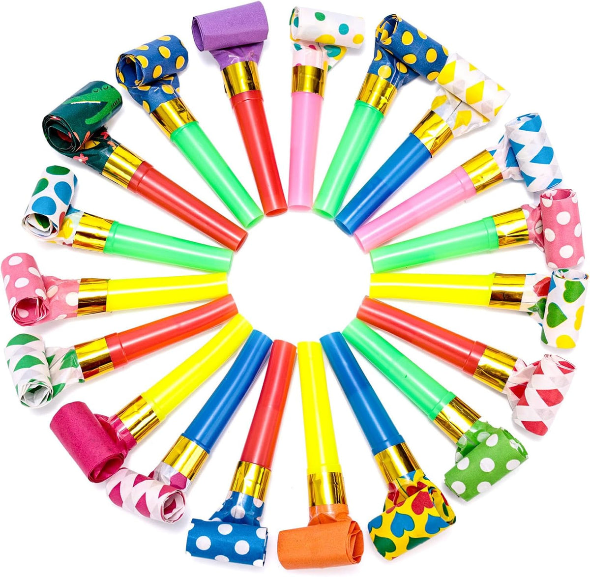 LovesTown party blowers noisemakers, 40 colorful blowouts with polka dots, hearts and stars