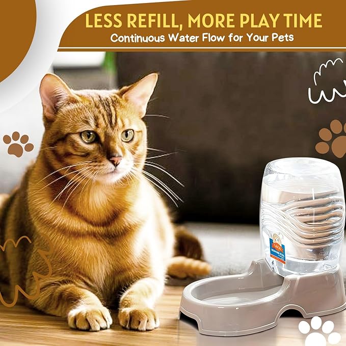 Flexzion Automatic Gravity Pet Waterer for Cat & Dog - Non-Skid & Easy-Clean Auto Replenish Water Dispenser Drinking Bowl (1/4 Gallon/ 900ml), Beige