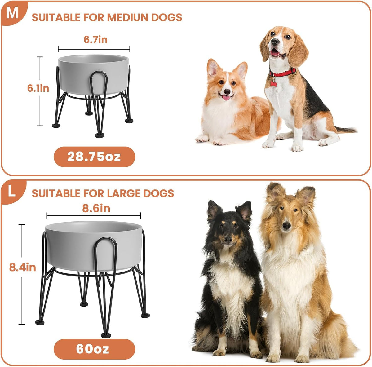 Elevated Dog Bowls, Ceramic Raised Dog Bowl Set with Anti-Slip and Non-Tip Metal Stand, 2 Pack Pet - Gray / 7.6 Cups | 2 Pack | For Large Dogs - image 3
