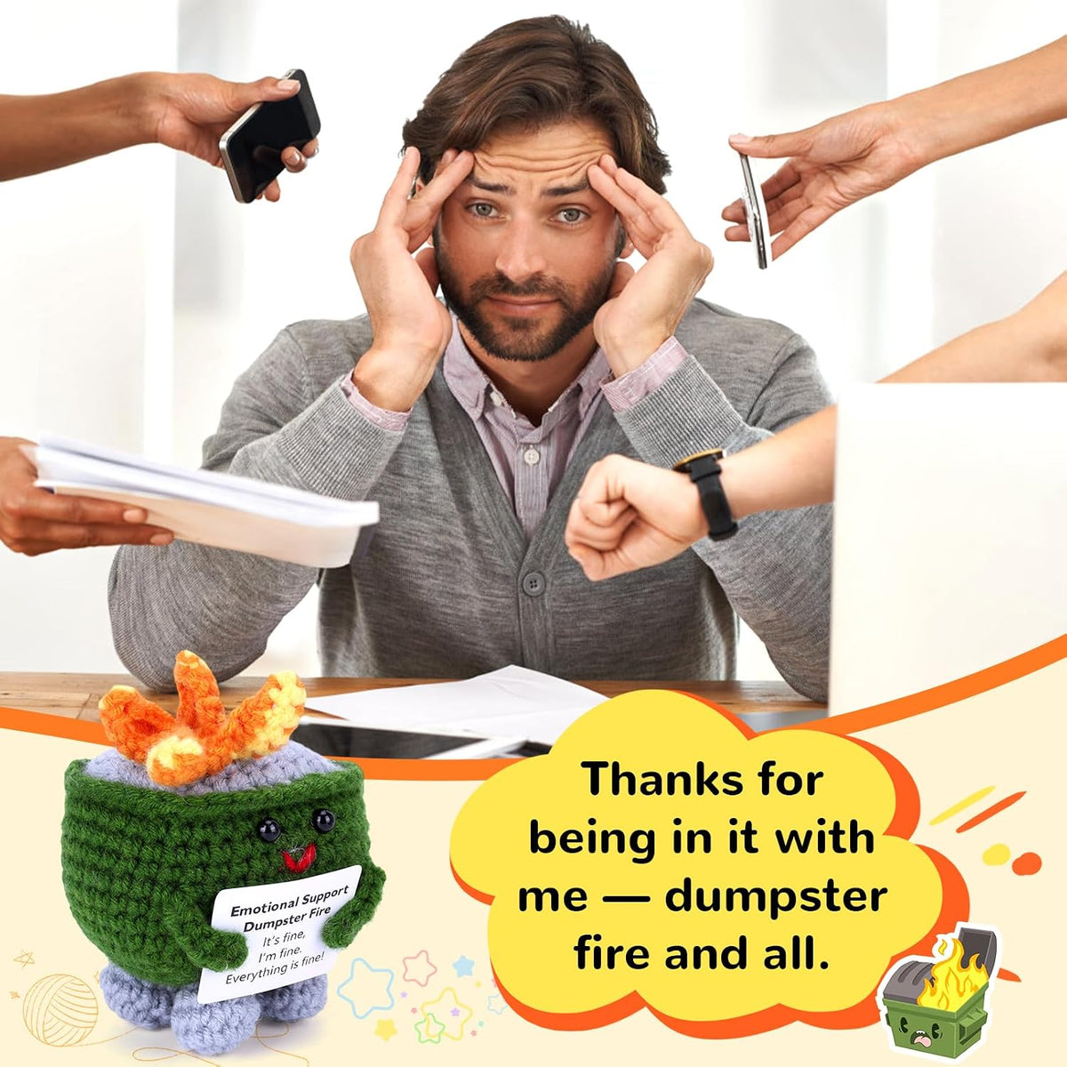 Megele 7-pack crochet dumpster fire desk figures in different colors with positive cards - view 8