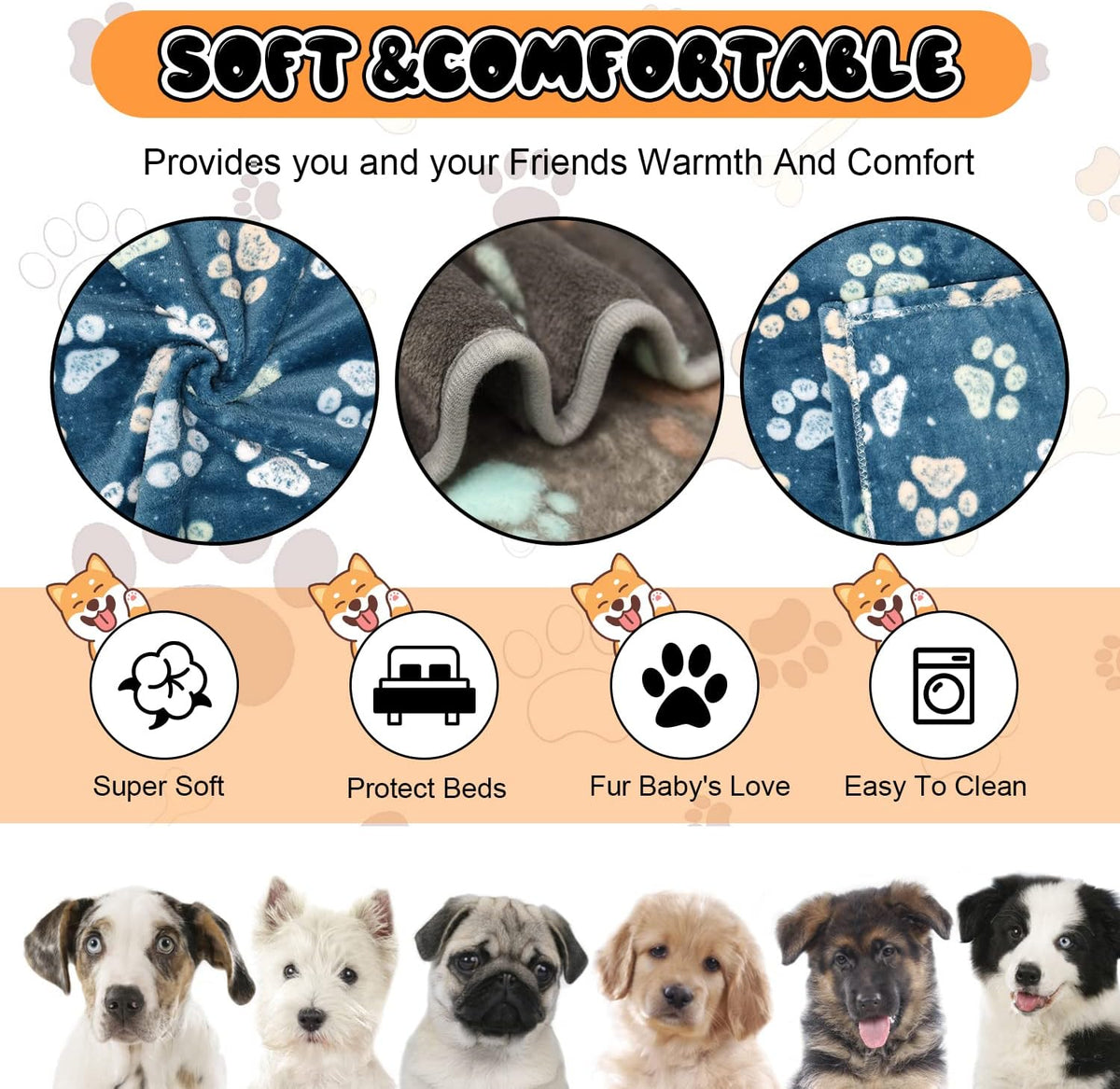 Rezutan Blanket for Large Dogs & Cats Soft Reversible Cute Paw 40"x31" – Essentials for Dogs - Blue 2pack+ Gray 1pack / Large,41x31inch - image 2