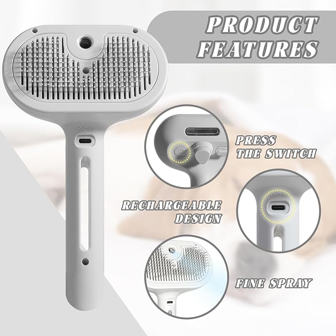 Cat Steam Brush, 3 in 1 Cat Brush for Shedding & Grooming, Water Brush for Cats Dogs, Pet Hair Removal Comb for Long Short Haired Small Animal, Self Cleaning Slicker Brush with Release Button