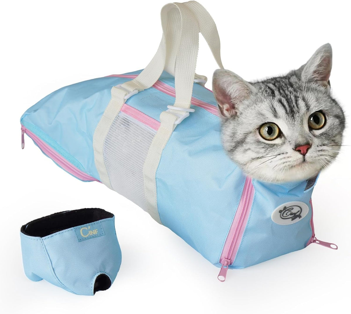 Cinf Cat Restraint Grooming Bag - M Size–Fits most adult cats (8–12 lbs) / Sky Blue Blush