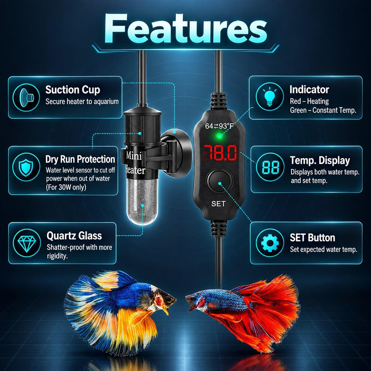 AquaMiracle 5V/2A USB 10W Super Mini Aquarium Heater for Tanks up - ≤ 4 Gal Tanks - image 3