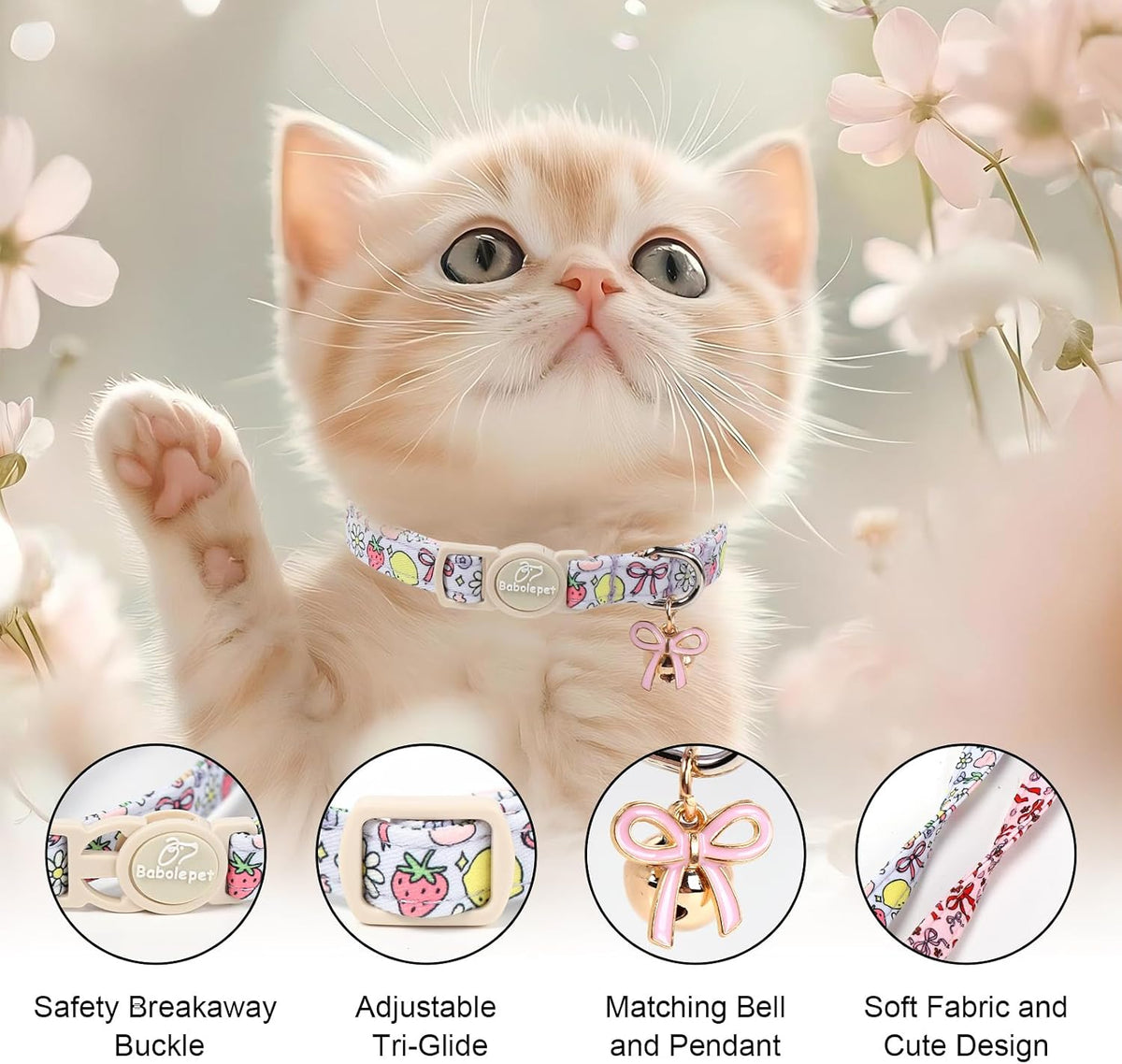 2 Pack Cute Cat Collars - Cartoon Bee Ladybug Breakaway Cat Collar with Bell & Matching Pendant - Fruit Bow - image 3