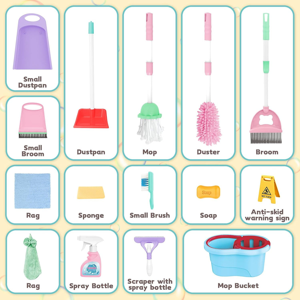 deAO kids cleaning set with detachable housekeeping cart, broom, mop and wet floor sign - view 3