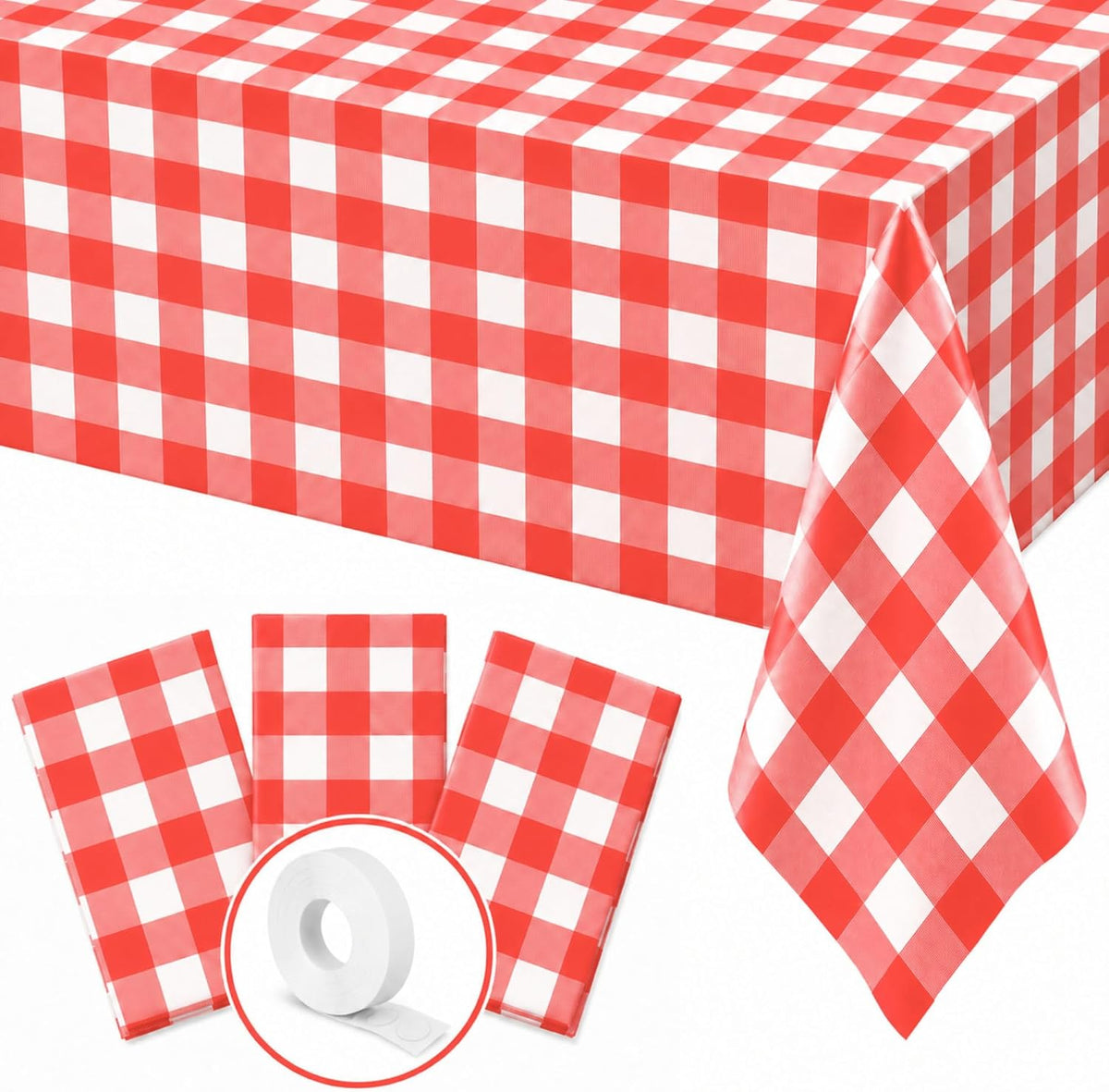 Stone Wall Table Covers, 54"x108" XL, Medieval Party Decorations - Red Gingham (Pack of 3)