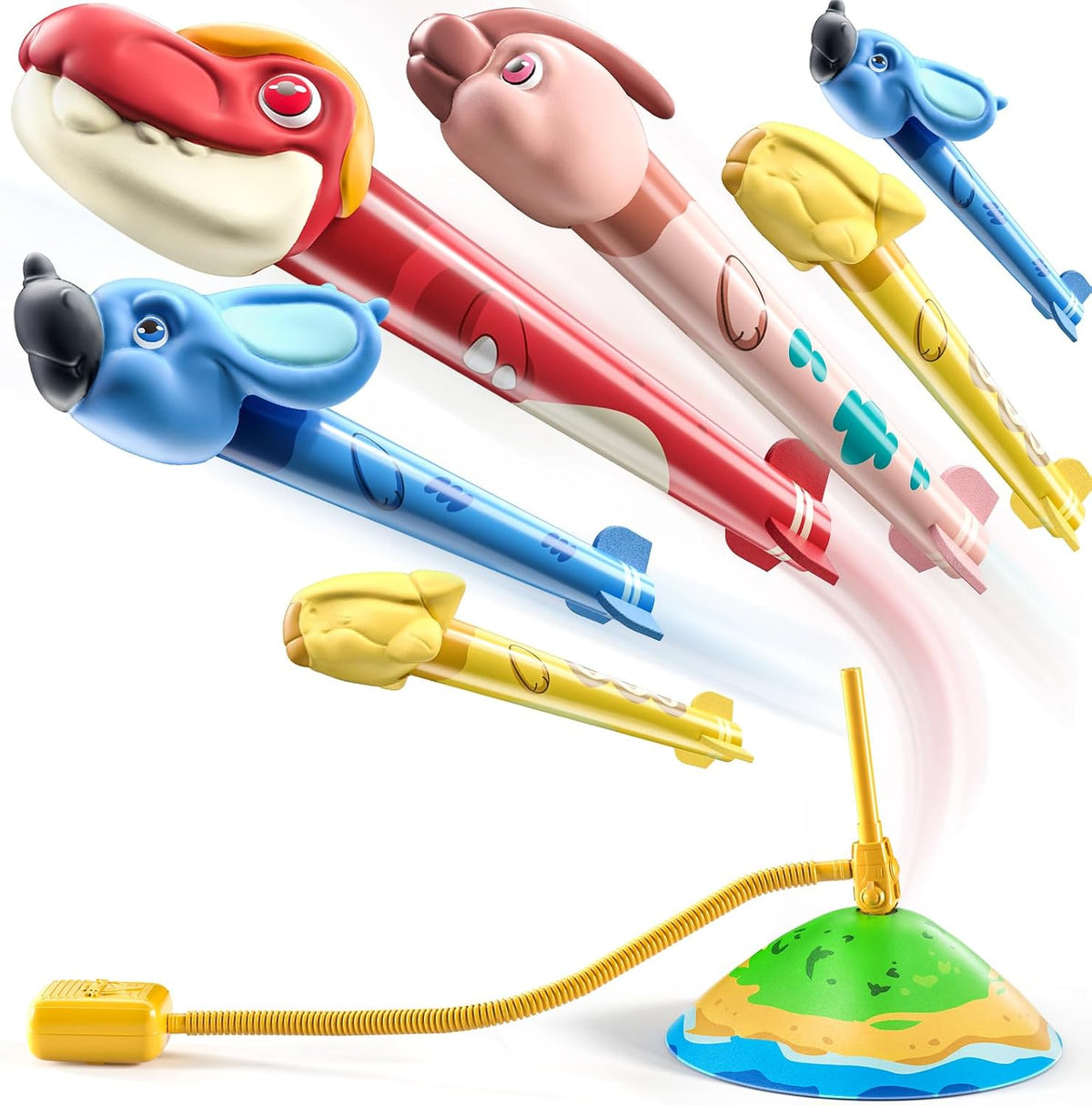 TEMI Rocket Launcher for Kids, 12 Foam Rockets and Launcher Pad - Dinosaur Toy Rocket Launcher - 6 Rockets