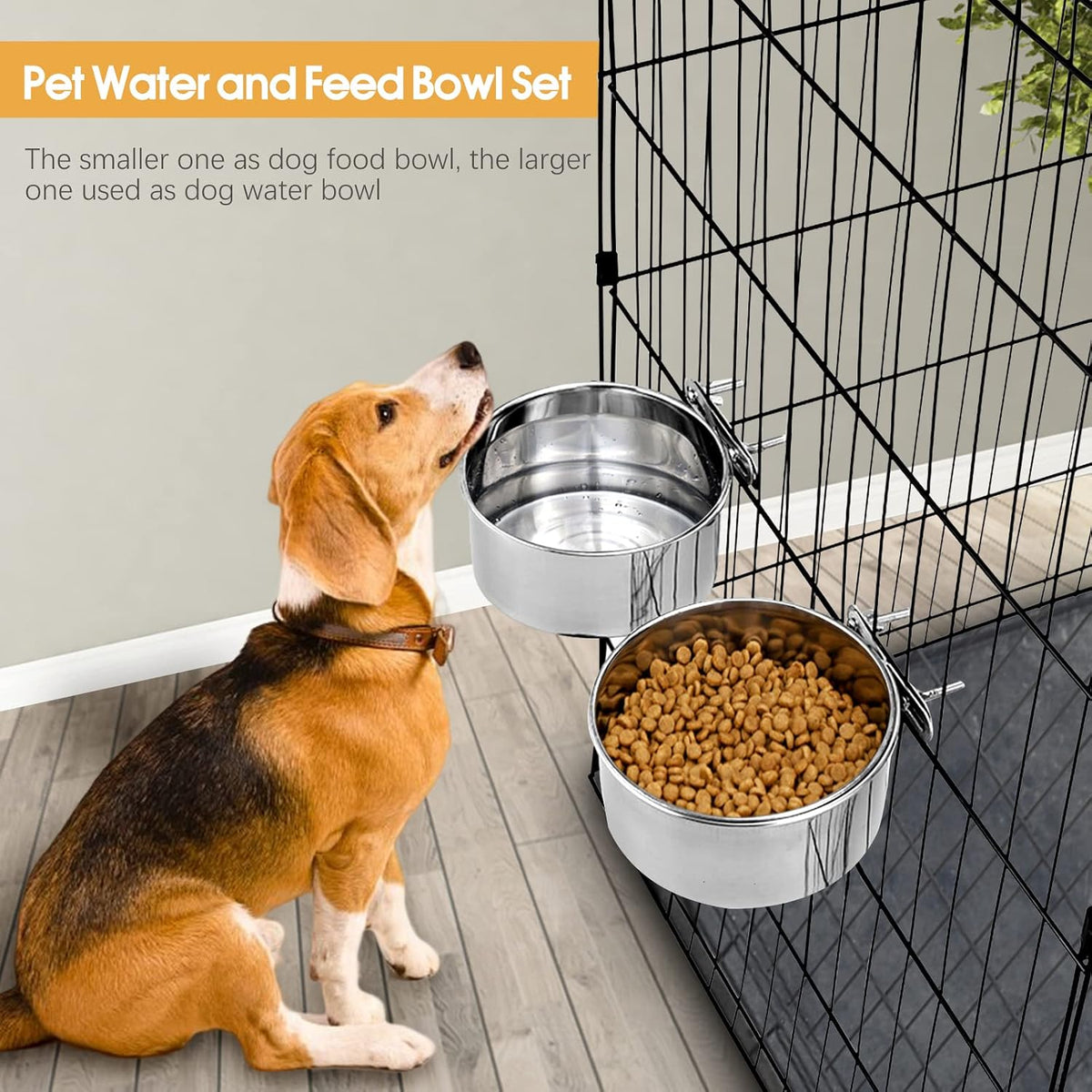 2 Pcs Stainless Steel Small Dog Crate Food Water Bowl - M (45 & 31 OZ) / Silver - image 3