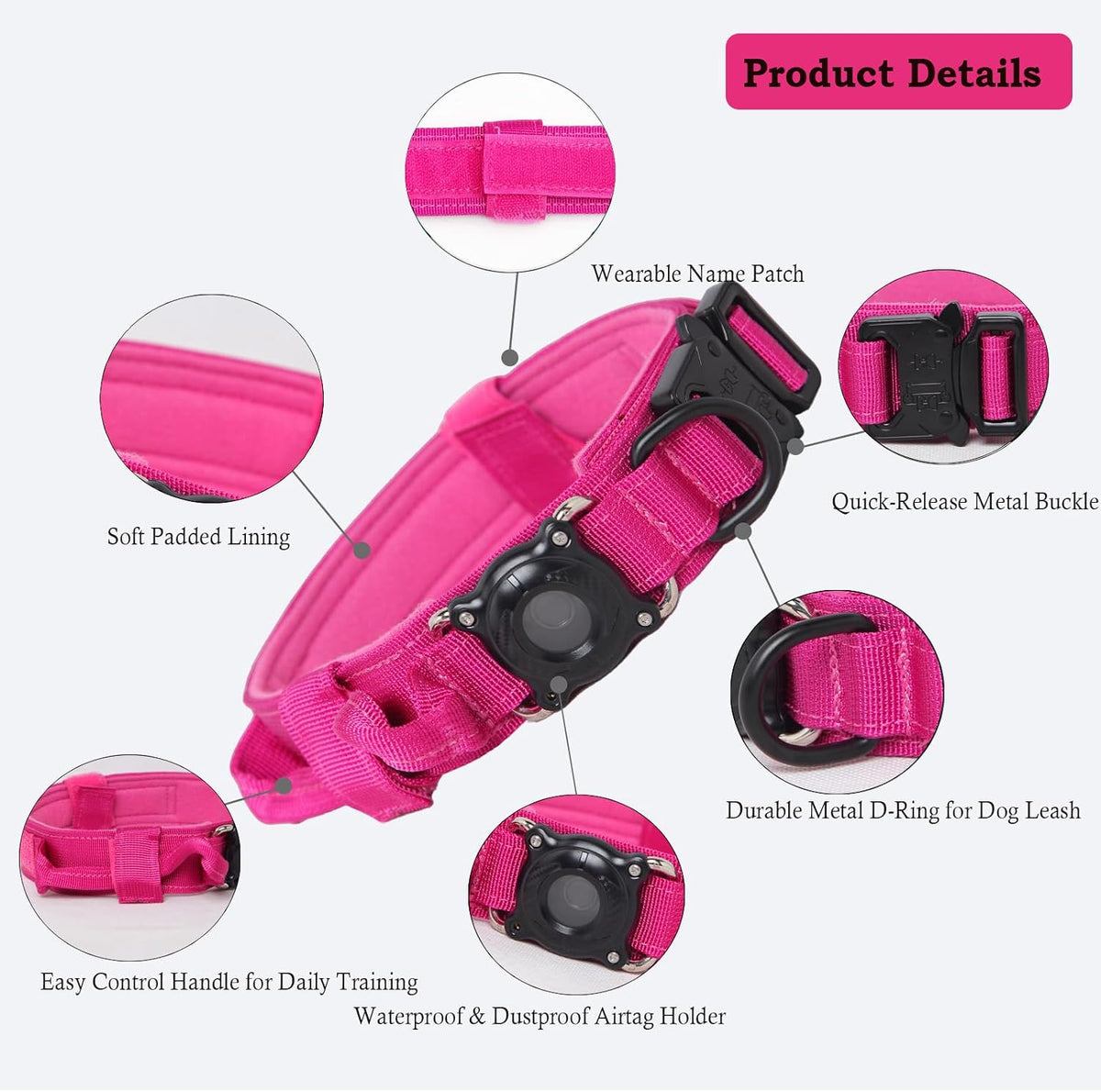Tactical Dog Collar Adjustable Military Nylon Dog Collar with Control - Medium (Pack of 1) / AirtagRose Red - image 2