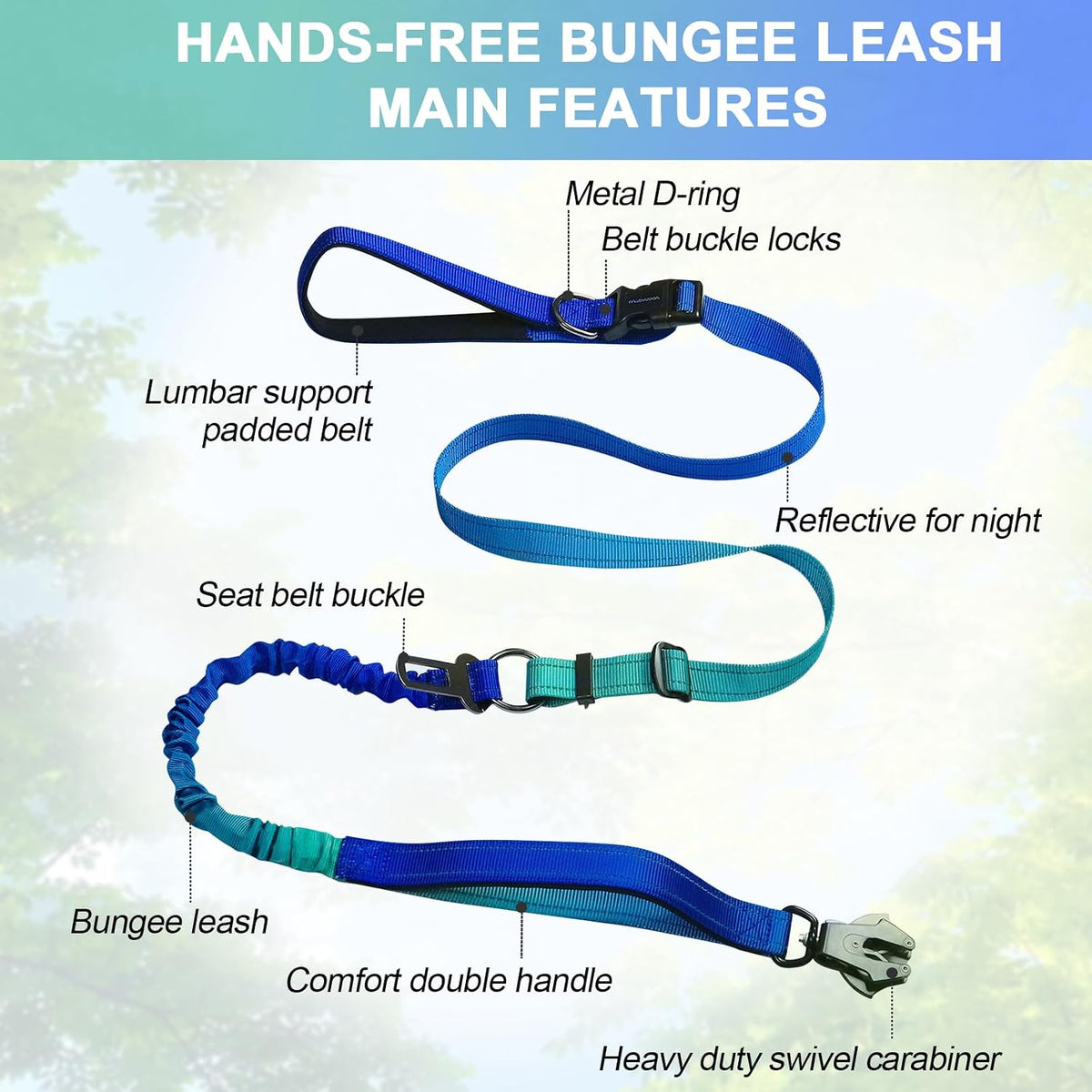Heavy Duty Hands Free Dog Leash with Quick Release Carabiner - Aquamarine - image 2