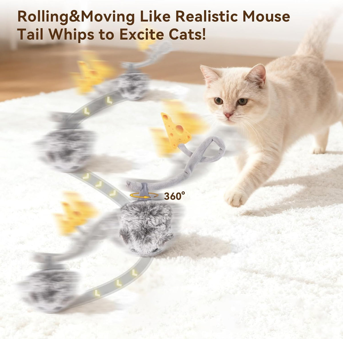 Migipaws Interactive MigiMouse Cat Toy 360° Rolling & Spin with Mesh - Long-Grey - image 2