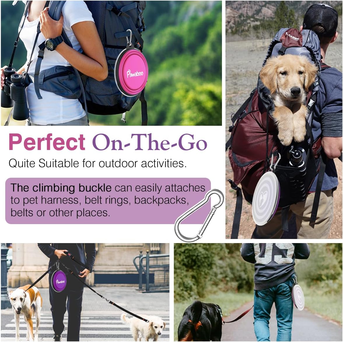 Pawaboo Collapsible Travel Dog Bowls 2 Pack with Lids&Carabiners - 450ml(Pack of 2) / Pink + Purple - image 2