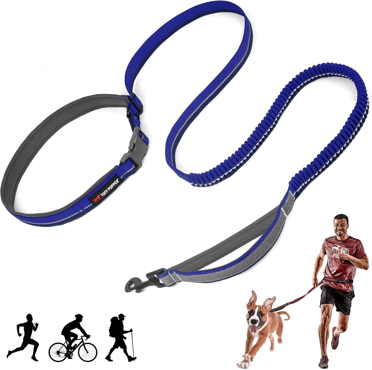 Tuff Pupper Hands Free Adjustable Length Dog Leash - Blazing Blue / Bungee