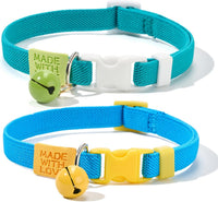 Cotton Bowtie Cat Collar with Bell 2 Pack Adjustable Breakaway Kitten - Elastic Blue+Green / 7.5-11.4 Inch (Pack of 2)