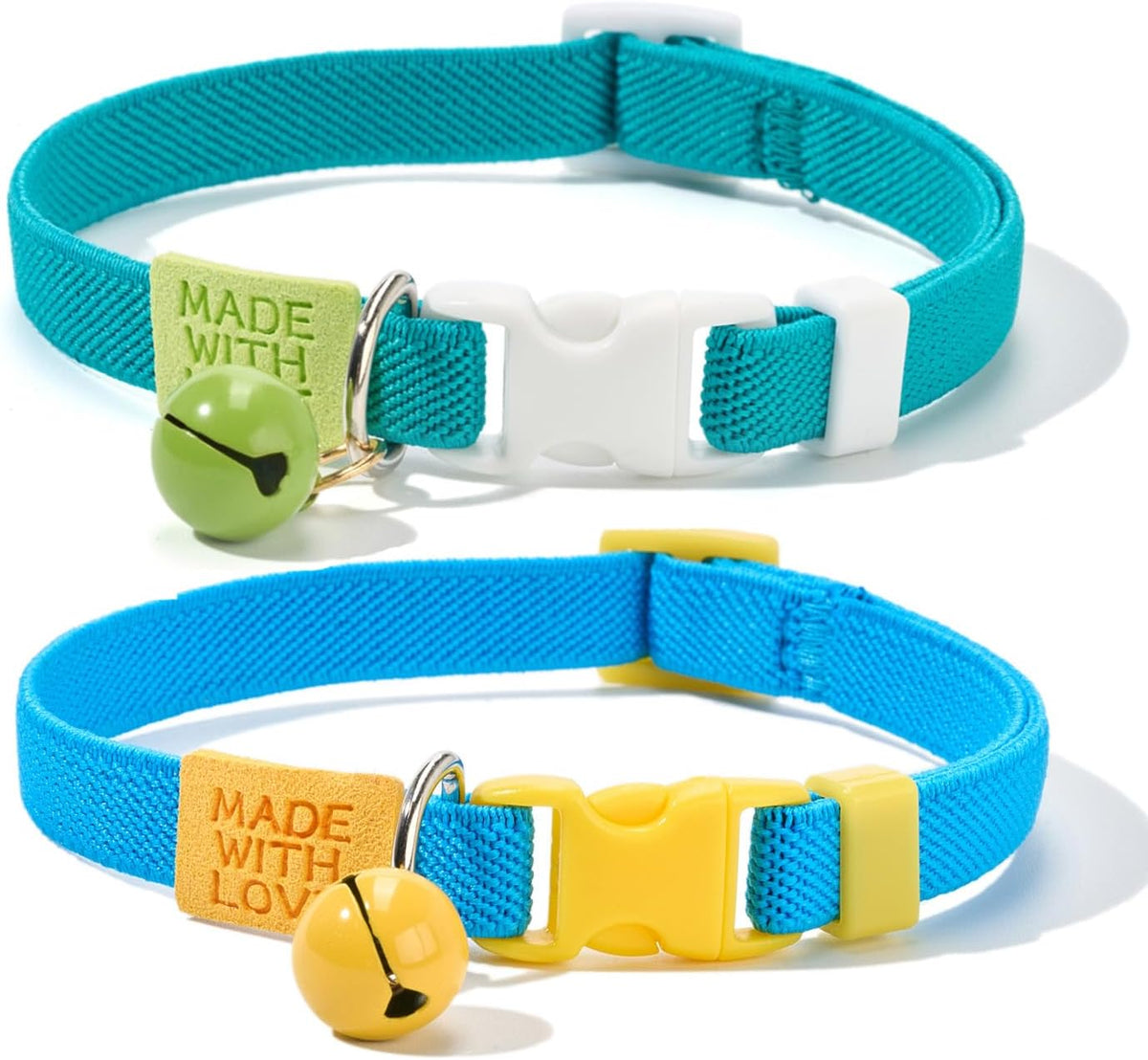 Cotton Bowtie Cat Collar with Bell 2 Pack Adjustable Breakaway Kitten - Elastic Blue+Green / 7.5-11.4 Inch (Pack of 2)