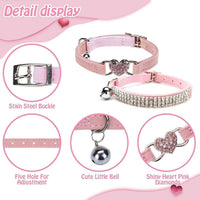 BINGPET Diamond Cat Collar with Bell, Adjustable Kitten Collar - Pink(Heart & Rhinestones) / Neck Girth 8"-10" - image 3