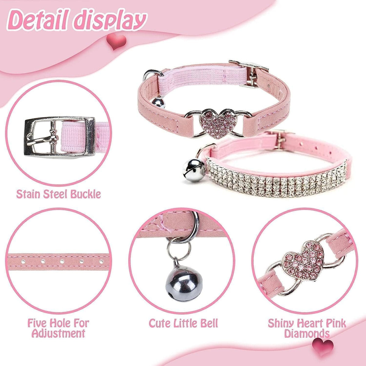 BINGPET Diamond Cat Collar with Bell, Adjustable Kitten Collar - Pink(Heart & Rhinestones) / Neck Girth 8"-10" - image 3